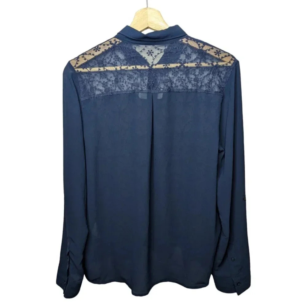 Abercrombie & Fitch Womens Navy Blue Sheer Lace Button Up Shirt Blouse Size M - Picture 8 of 15